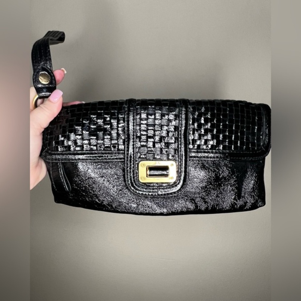 ELLIOTT LUCCA Leather Black Woven Envelope Rectangle Woven Leather Clutch